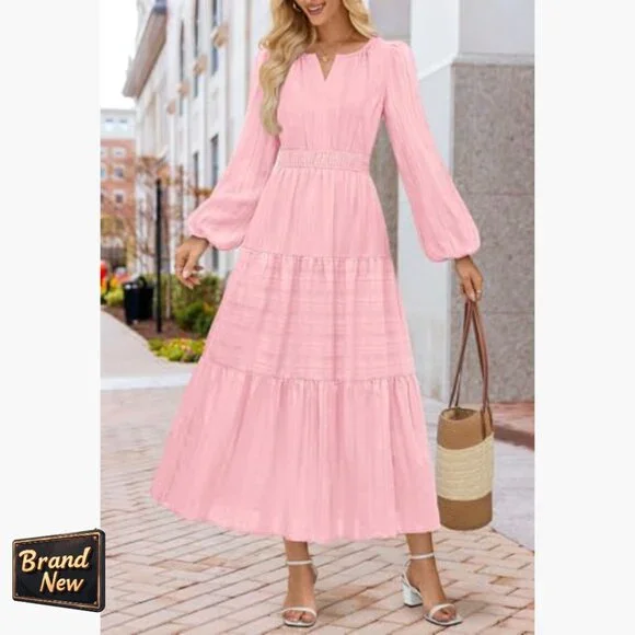 Long Sleeve V Neck Tiered Cotton Maxi Dress with Pockets - Picture 2 of 7